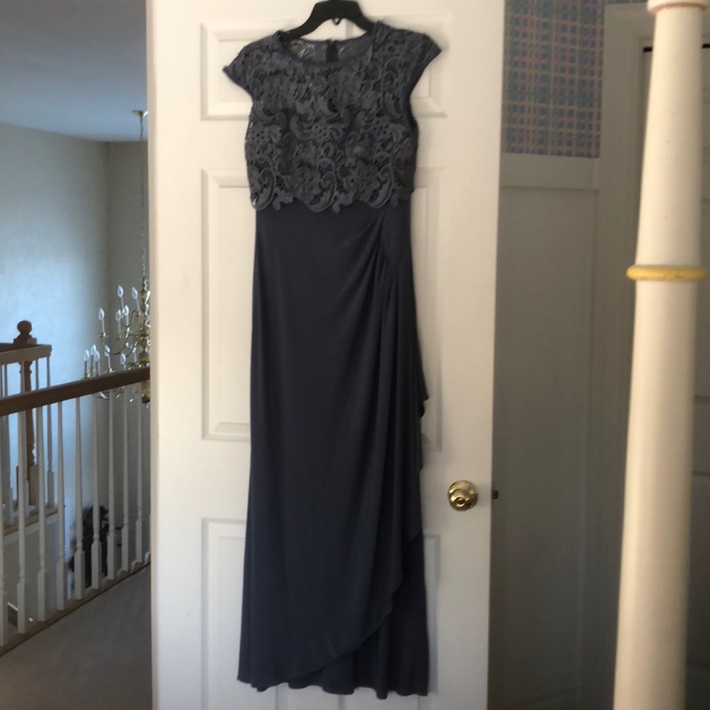 Long blue lace bodice dress